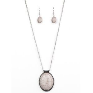 Large Gray Stone Pendant Necklace Earrings 3pc Set